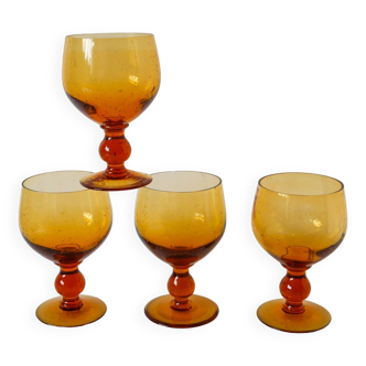 Ensemble de 4 verres bullés en verre ambré, Design, 1960