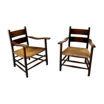 Set of 2 oak and straw modernist chairs, 1960s