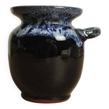 Ancien petit pot en céramique bleu foncé et clair avec une anse vase déco