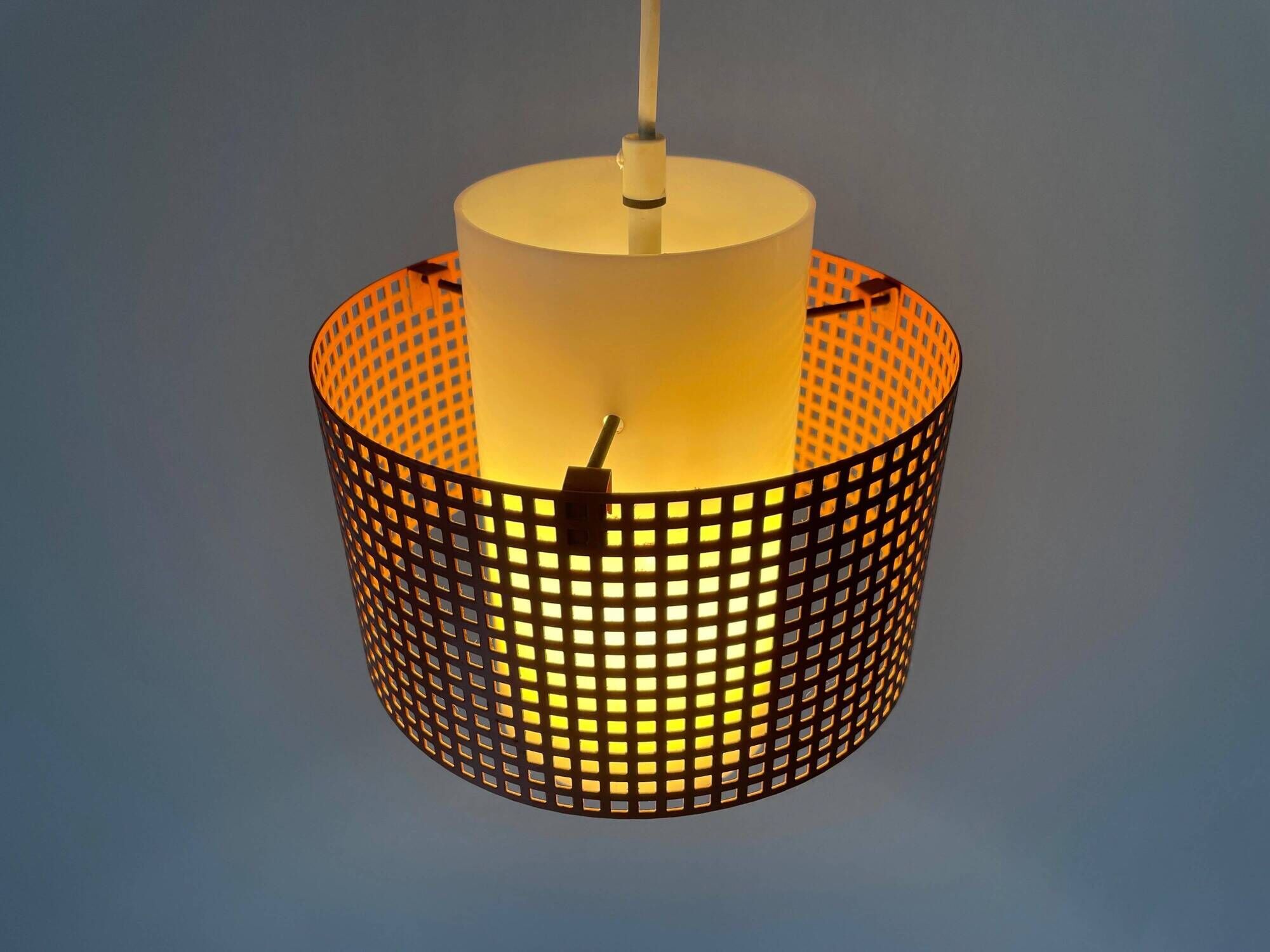 Suspended lamp in pink metal and plexiglass, Danish design, 1960s, Denmark.