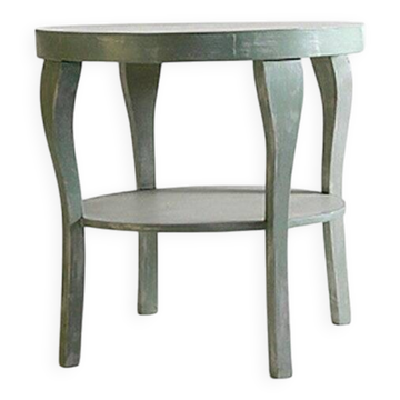 Art Deco round table in painted wood, silver and turquoise, with a hand-painted floral design on the top.