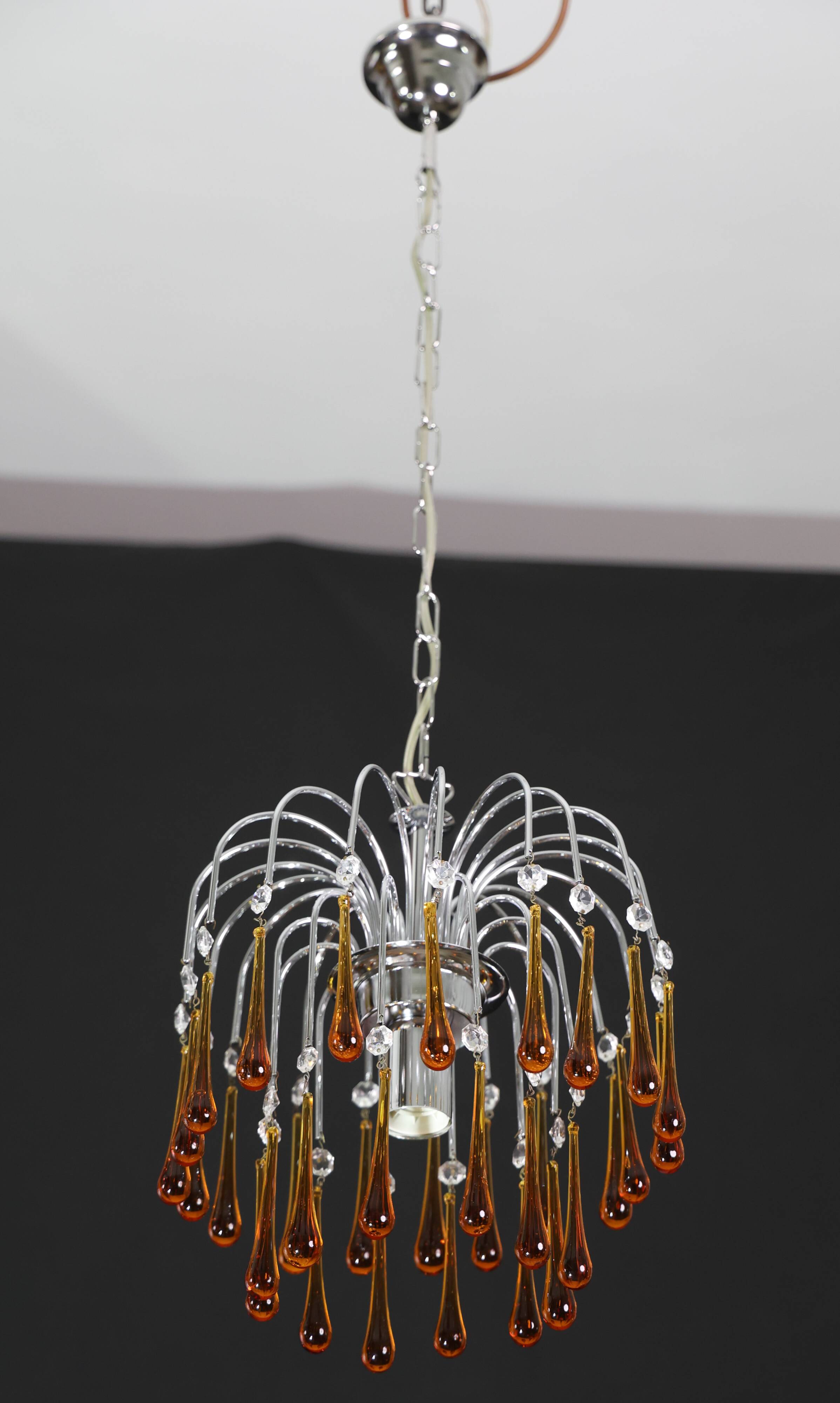The Amber Crown, Murano Chandelier Amber and Crystal Drops, 1970s