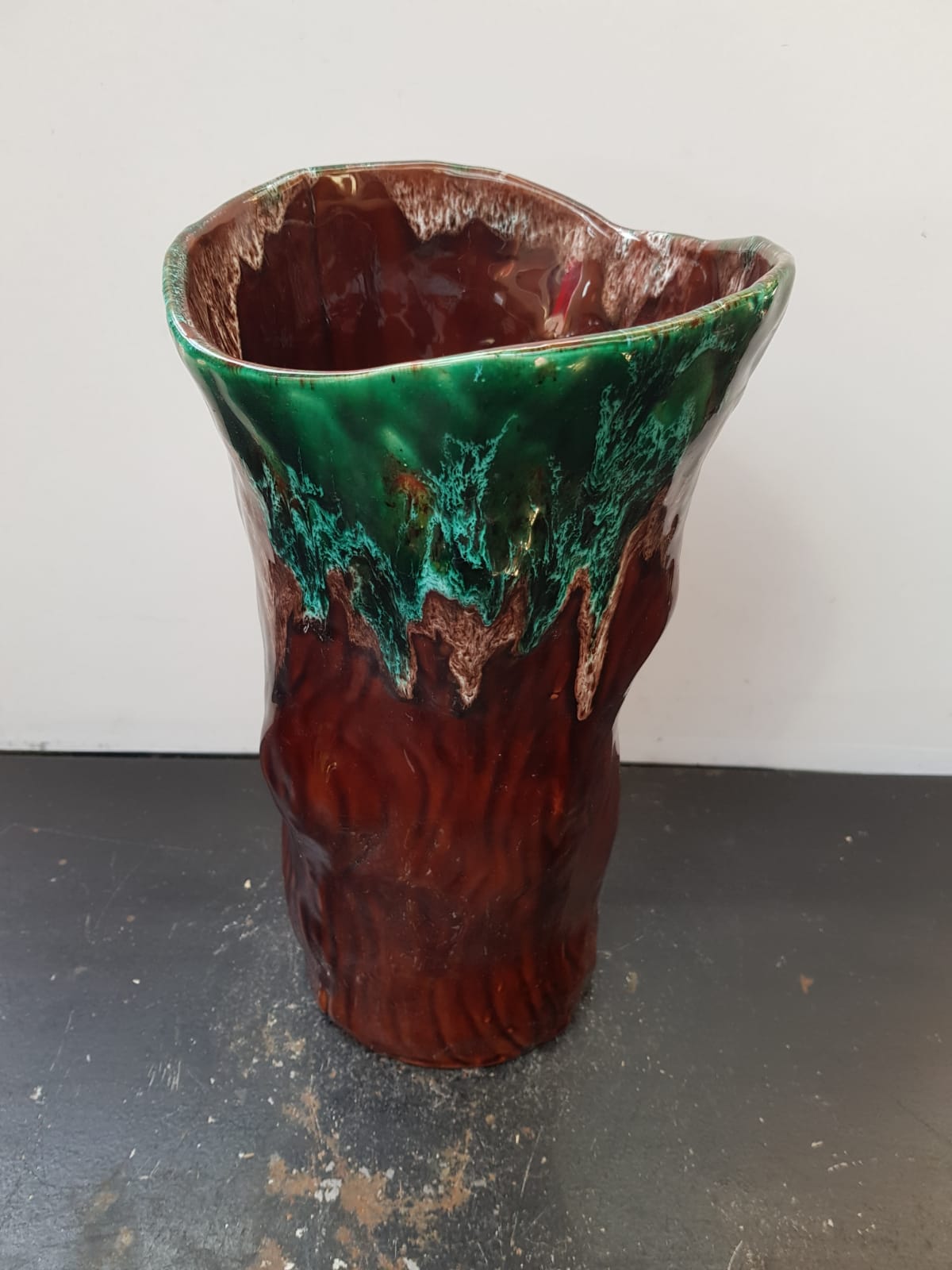 Old Ceramic Vase Form Trunk Brown Green Drips Vintage