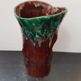 Vase céramique forme tronc marron coulures vertes vintage