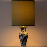 Pair of Chinese table lamps in Delft blue ceramic with new green silk shades.