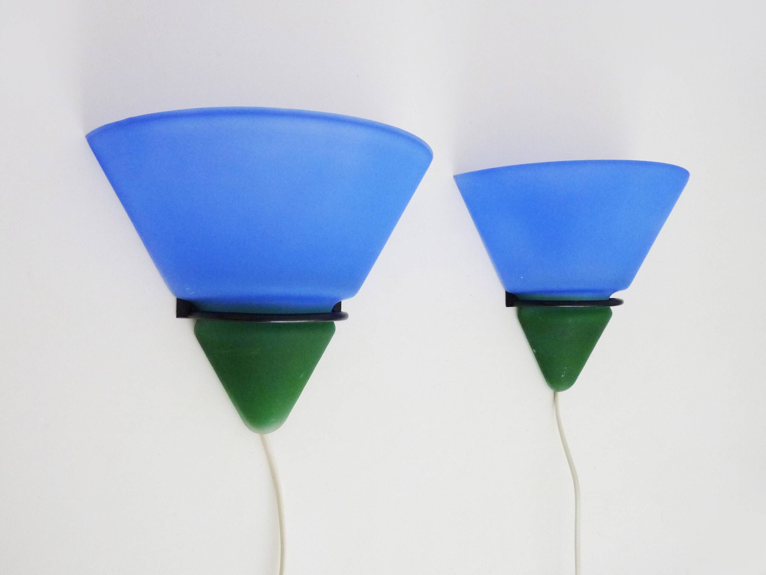 Pair of vintage Vandeheg Lotus blue and green wall sconces. 1980s