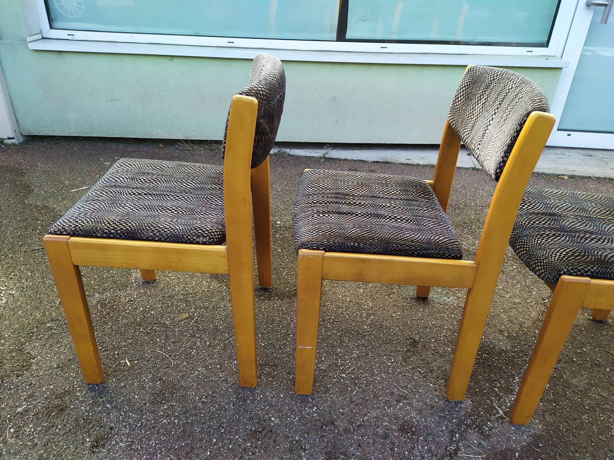Lot de 4 Chaises en bois blond et tissu gris - Vintage