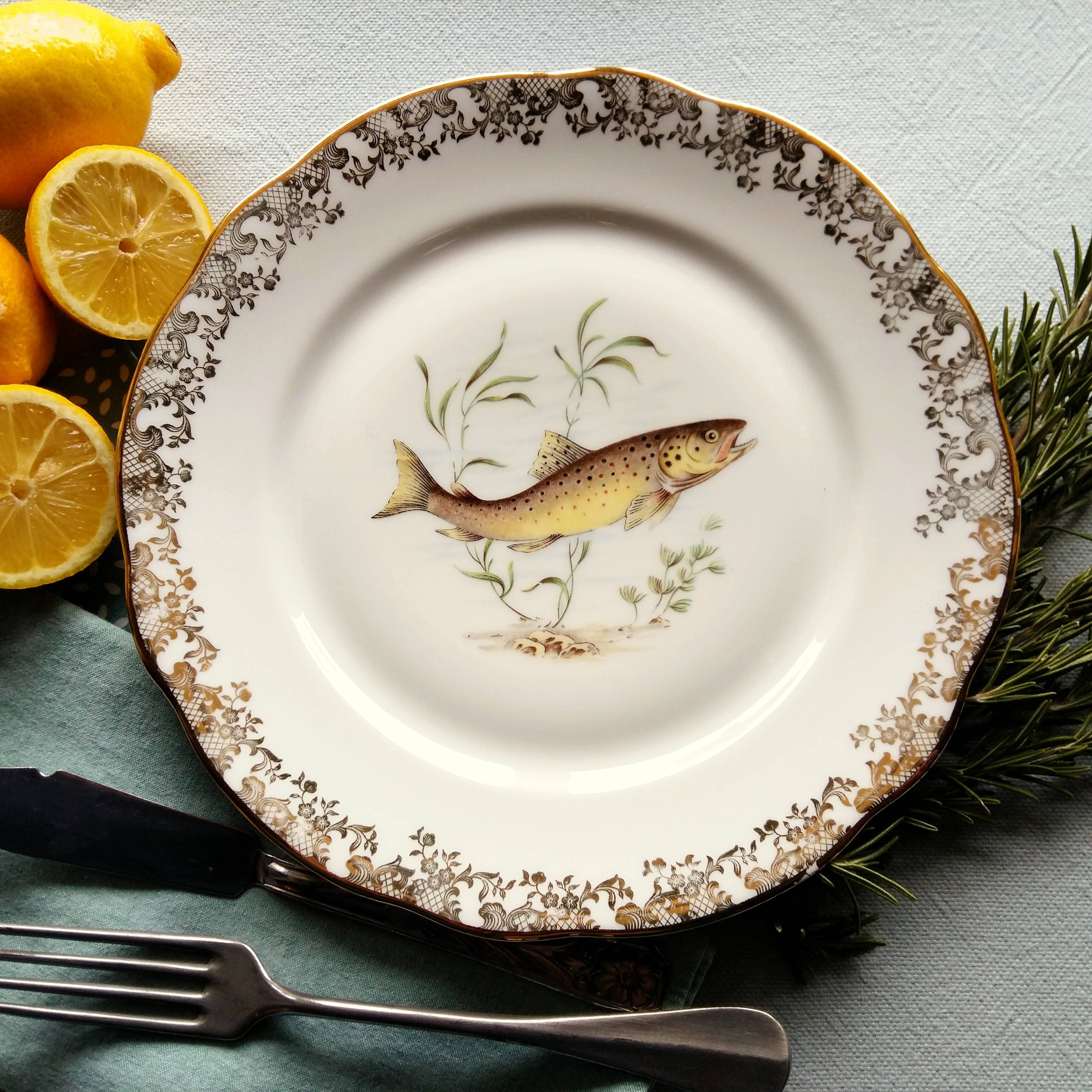 Set of four fish plates. vintage french fish plate set.