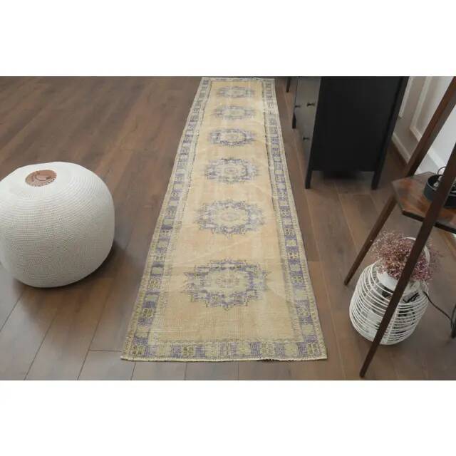 1970s Vintage Turkish Hand-Knotted Wool Cotton Orange Runner Rug 77x314