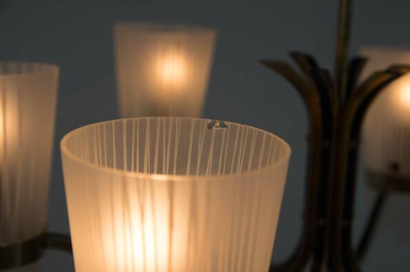 Brass and Glass Chandelier in Lyfa Style, Denmark, 1970s
