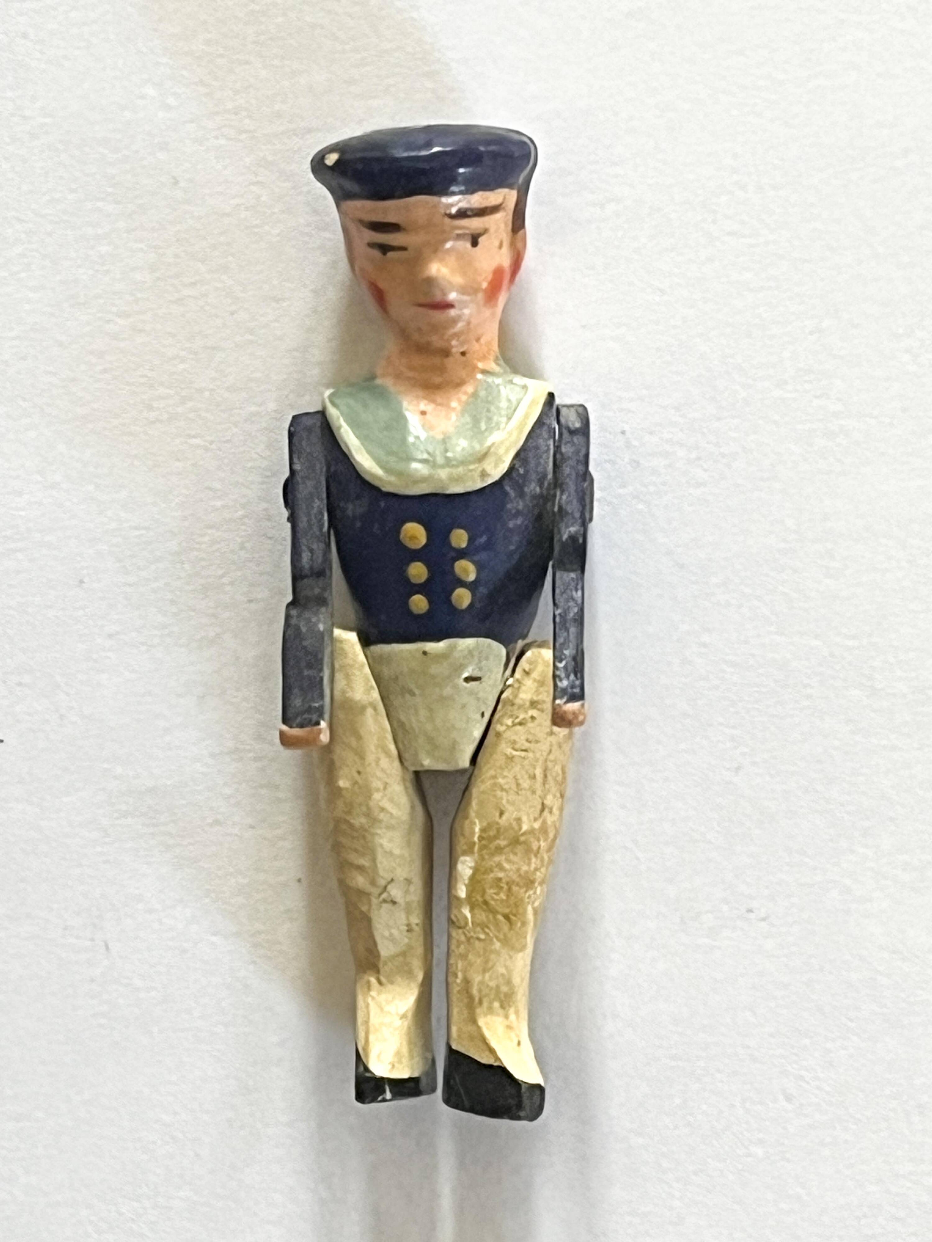Painted wooden character, French brand Radiguet, vintage toy.