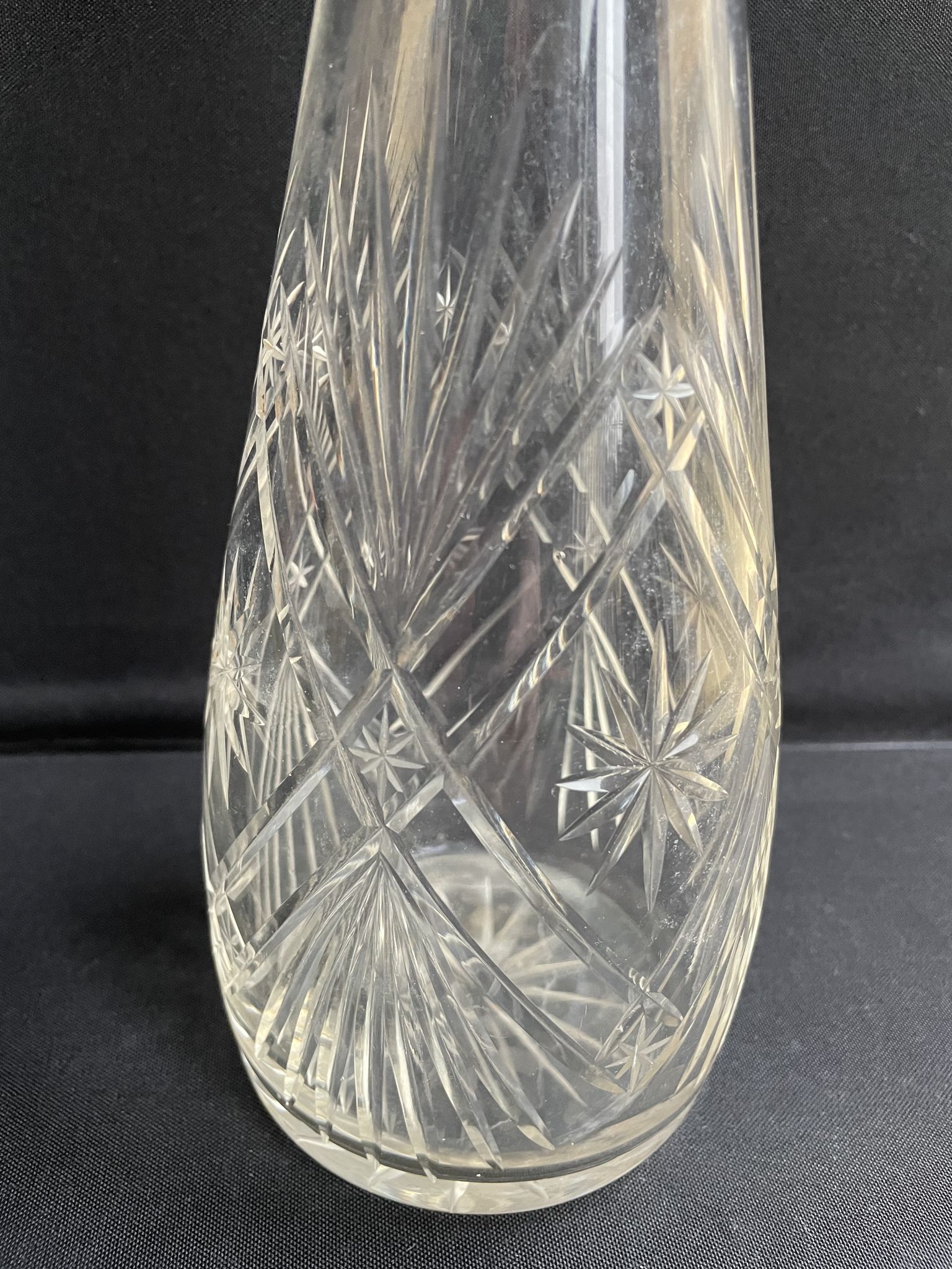 Blown crystal decanter, cut and silver collar