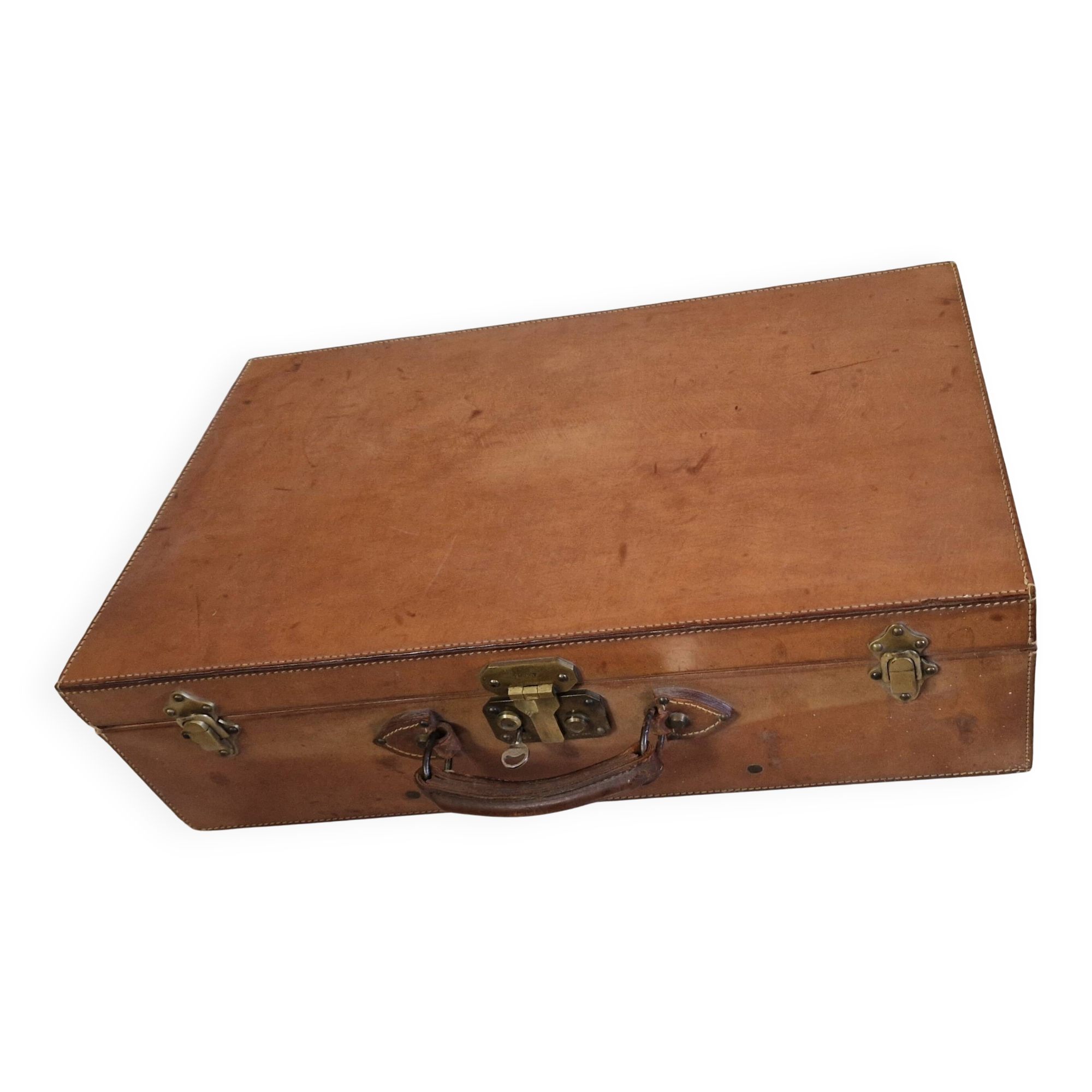 Antique leather and brass trunk/suitcase, high-end luggage circa 1930