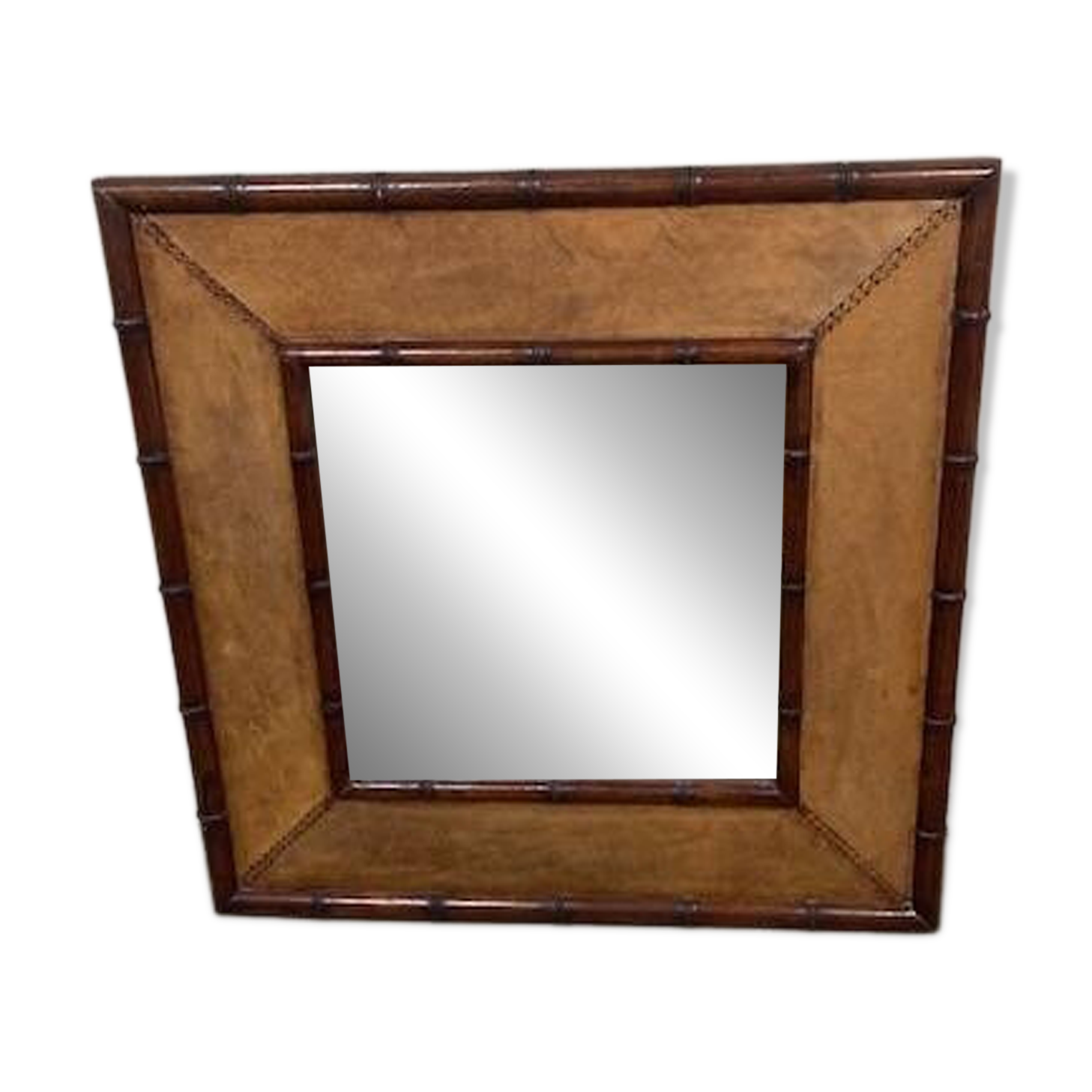 Big faux bamboo and leather mirror