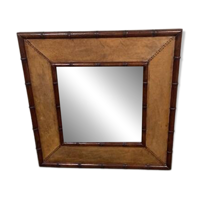 Grand miroir en faux bambou et cuir