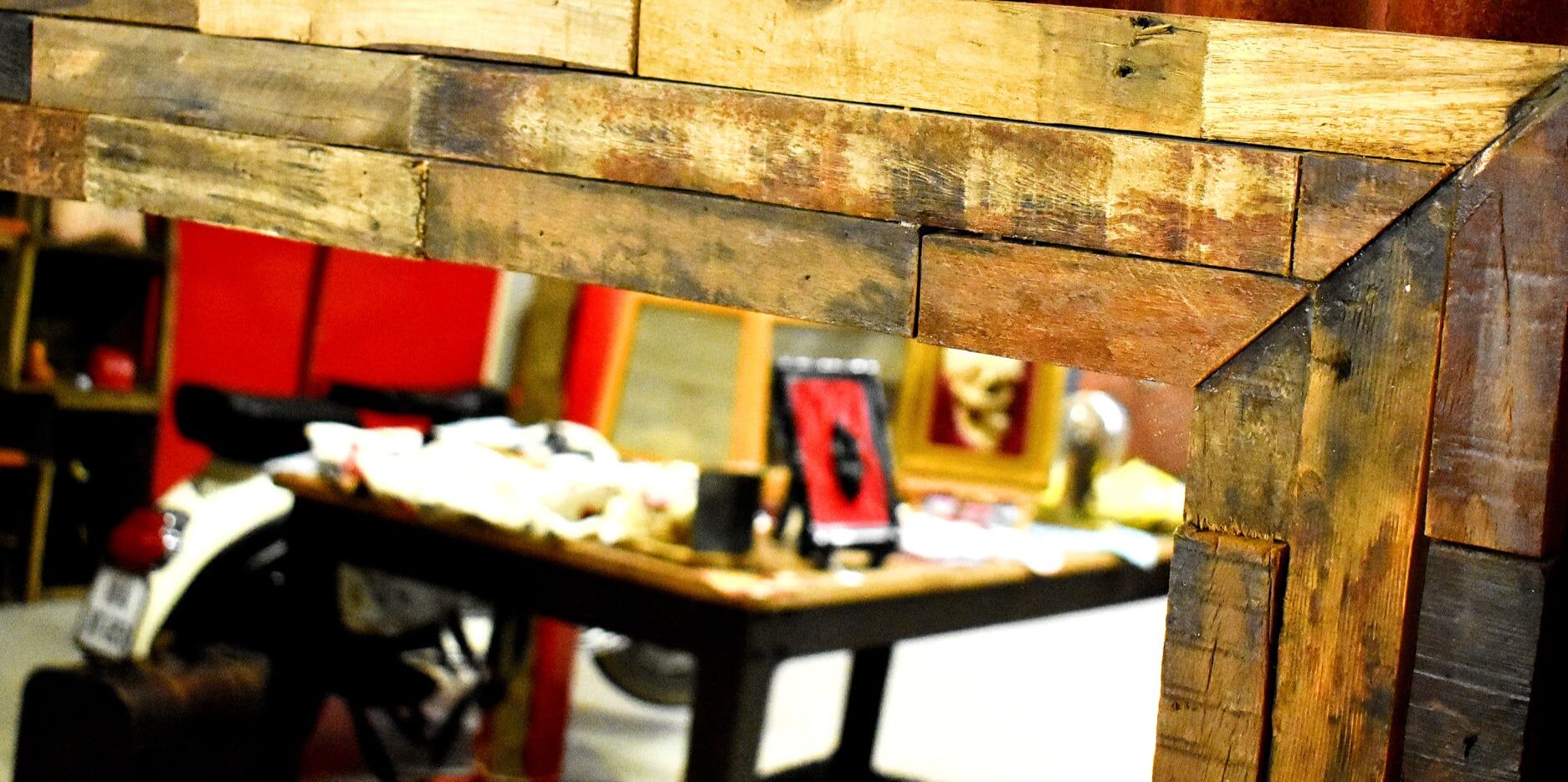 Industrial mirror made from recycled solid exotic wood