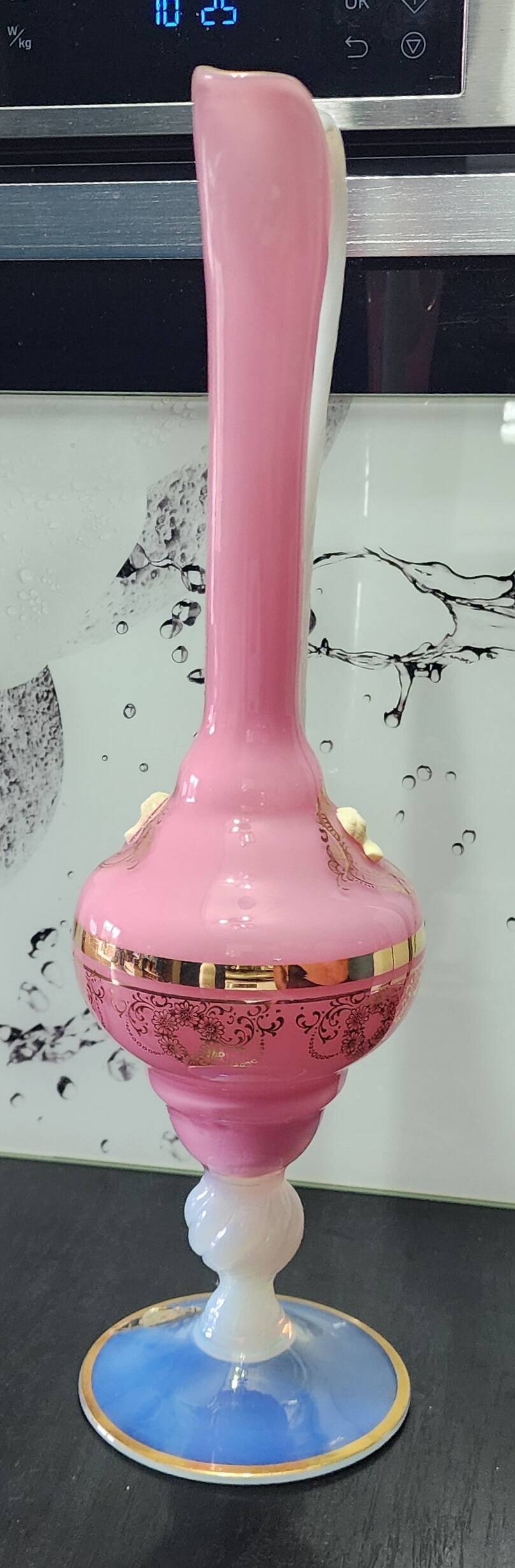Vintage ewer vase opaline glass pink / blue and gold