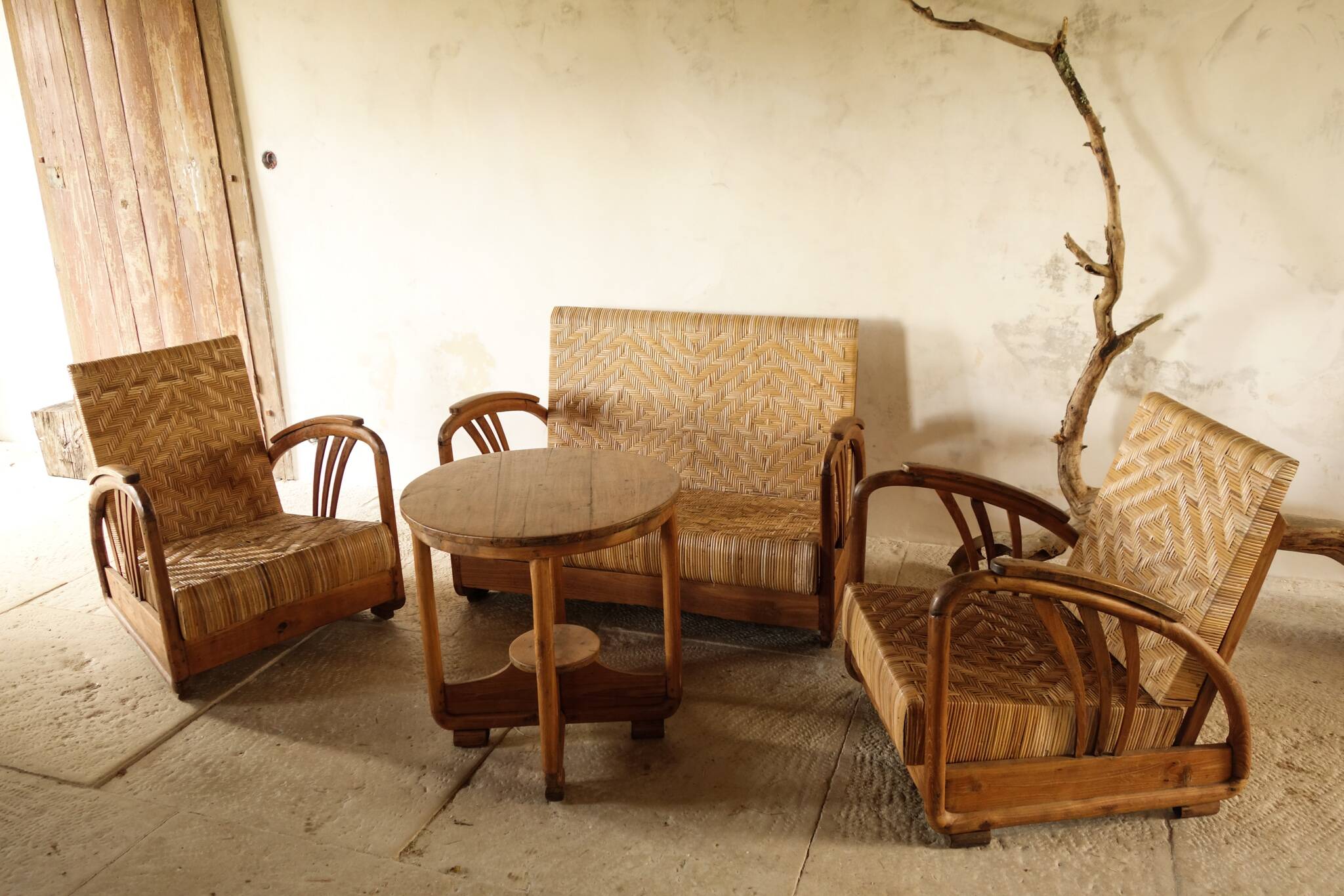 Art Deco Rattan and Teak Living Room Set from the 40s-50s.