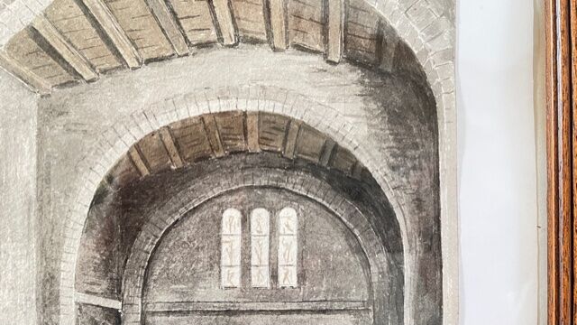 Tableau ancien aquarelle intérieur chapelle sur papier