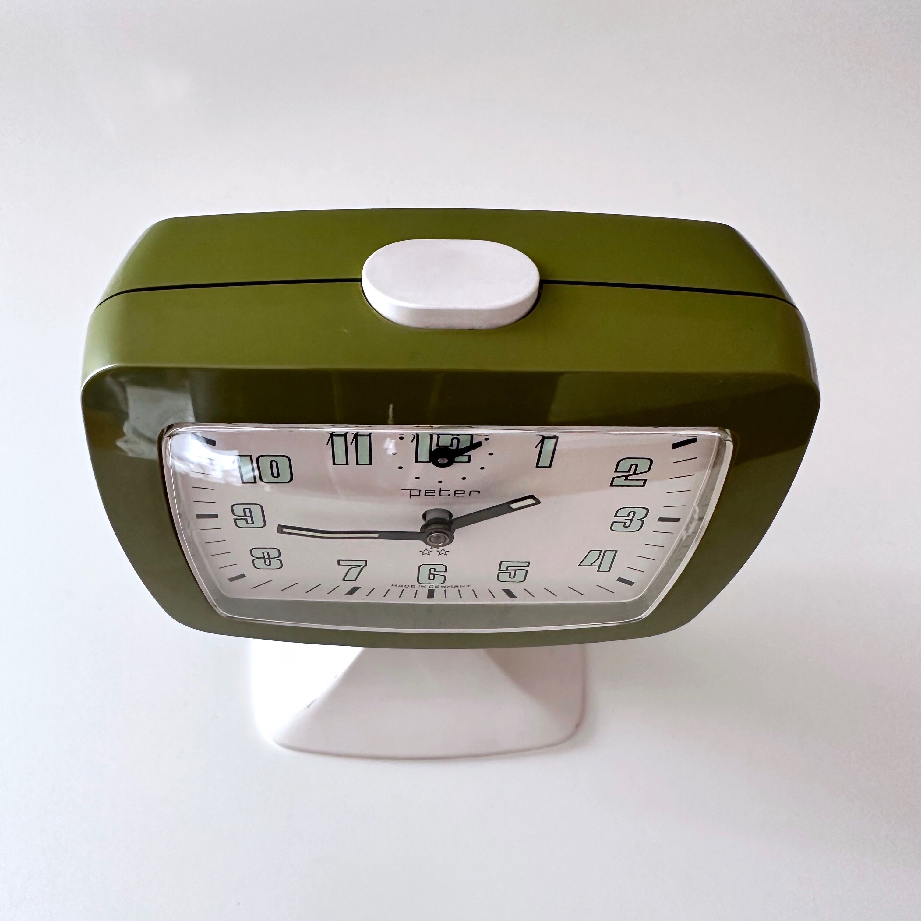 Green Space Age alarm clock with base by "Peter Germany",  NOS, 70's interior