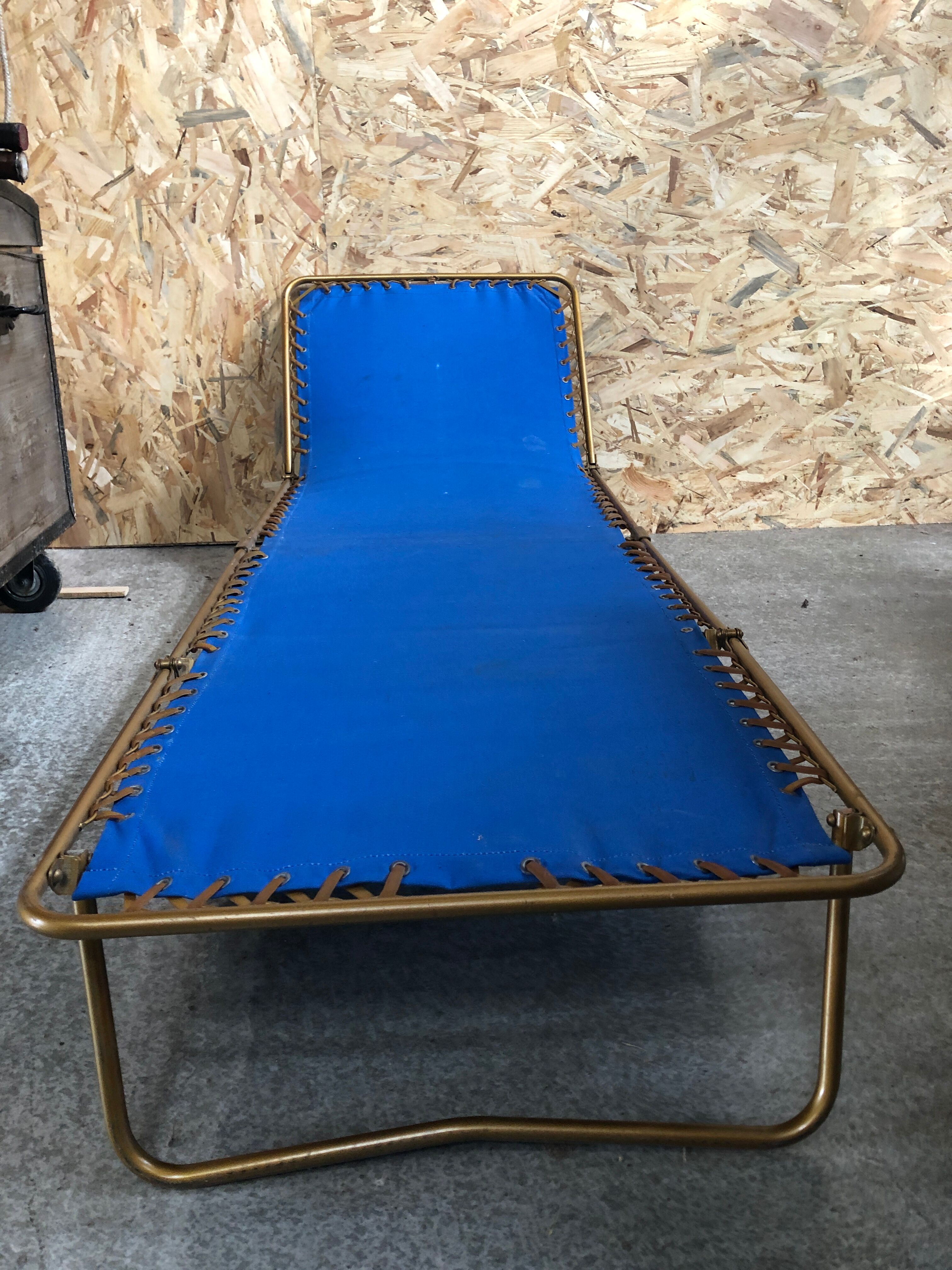 Old folding bed chantazur lafuma metal + fabric blue head adjustable vintage
