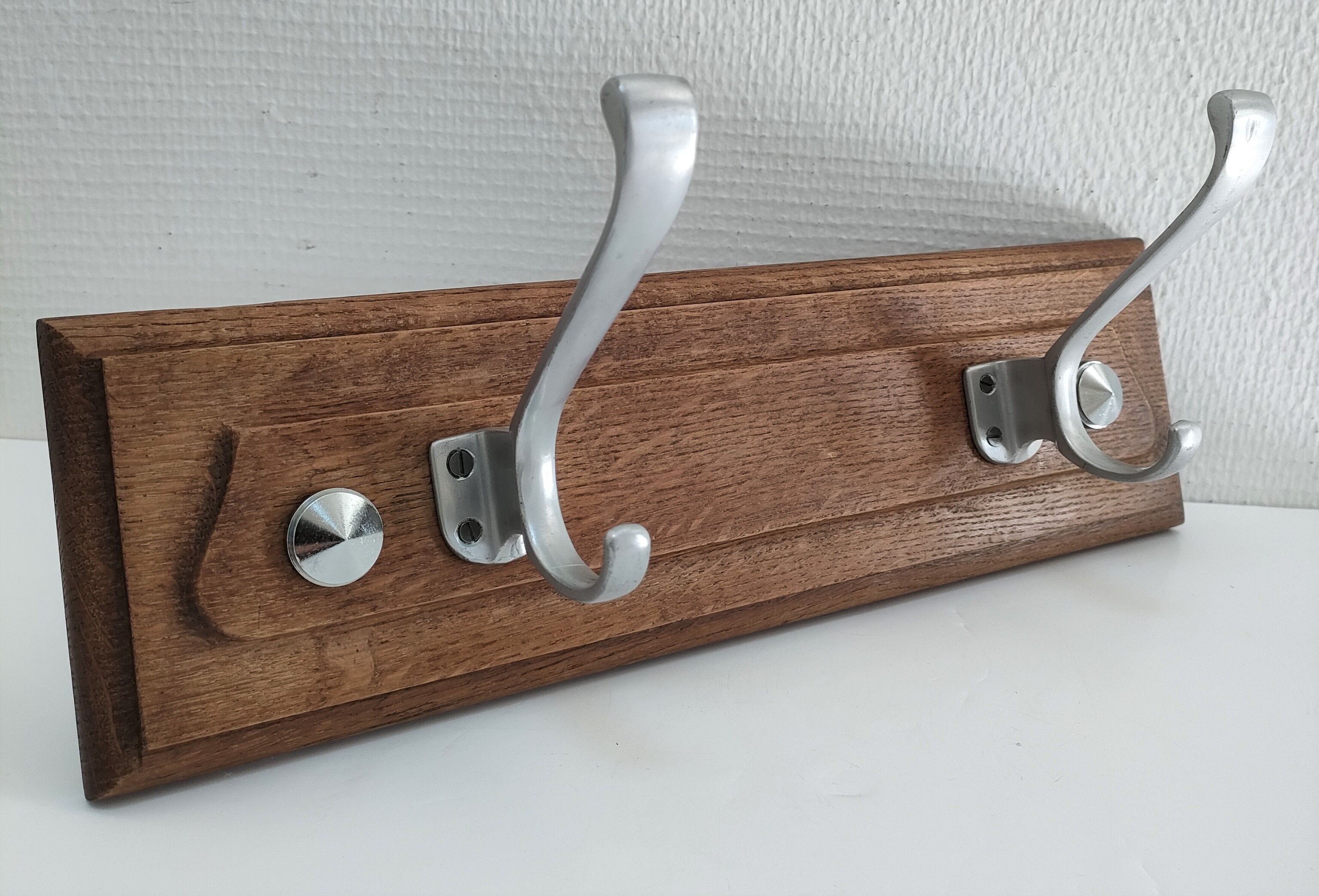 Patinated solid oak coat rack and vintage aluminum hooks