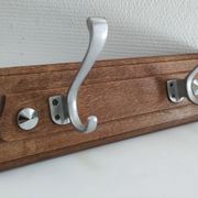 Patinated solid oak coat rack and vintage aluminum hooks