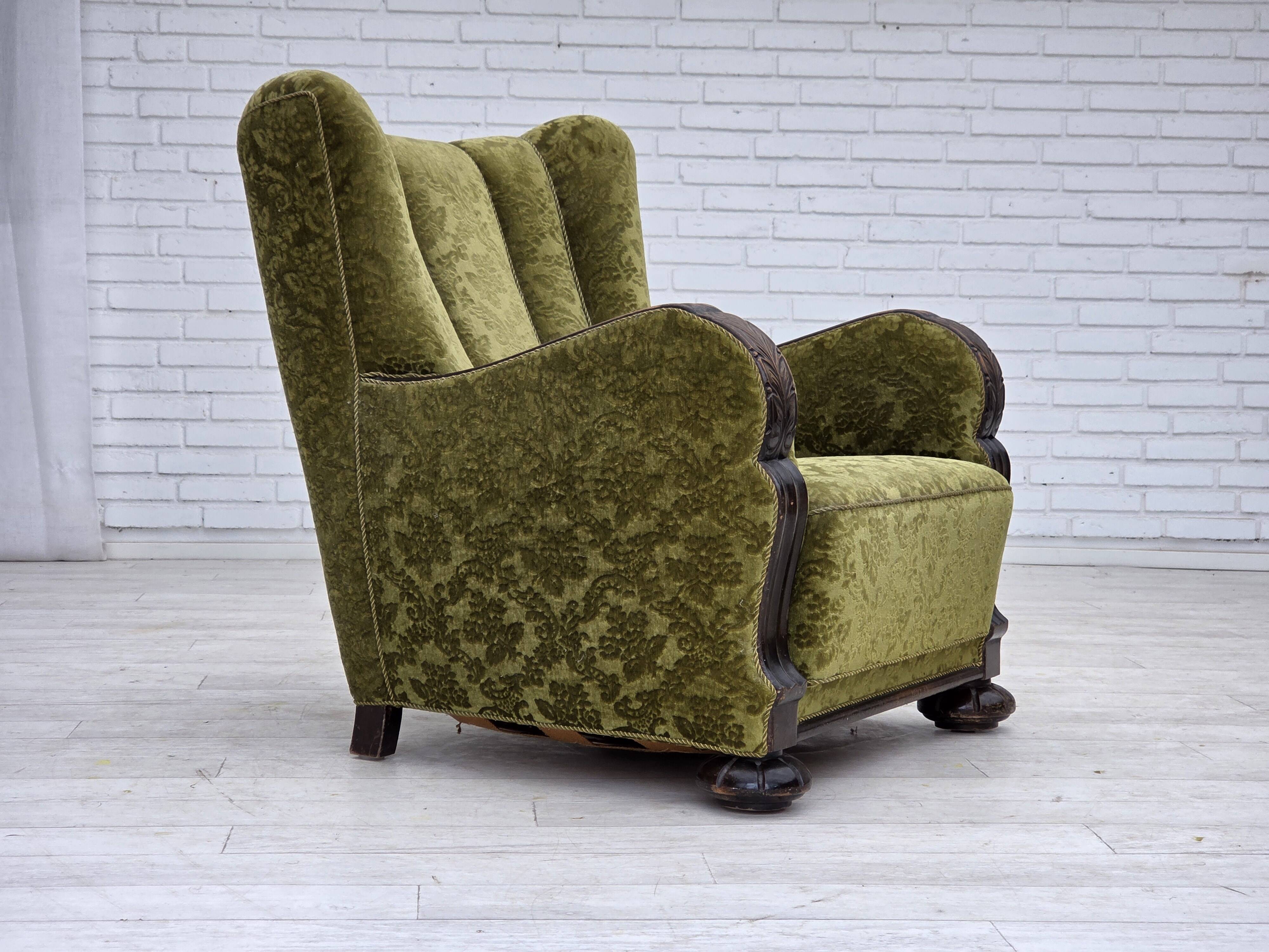 1950s, Danish relax chair. Furniture velour, oak wood,