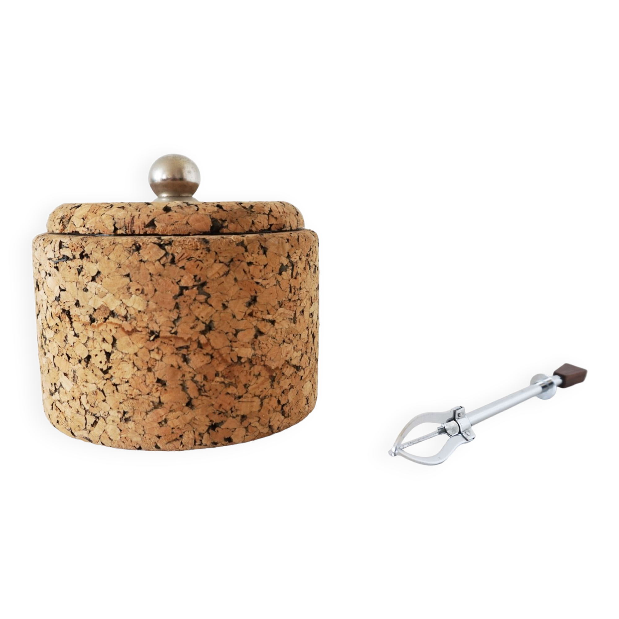 Cork ice bucket and its 1970 ice clip