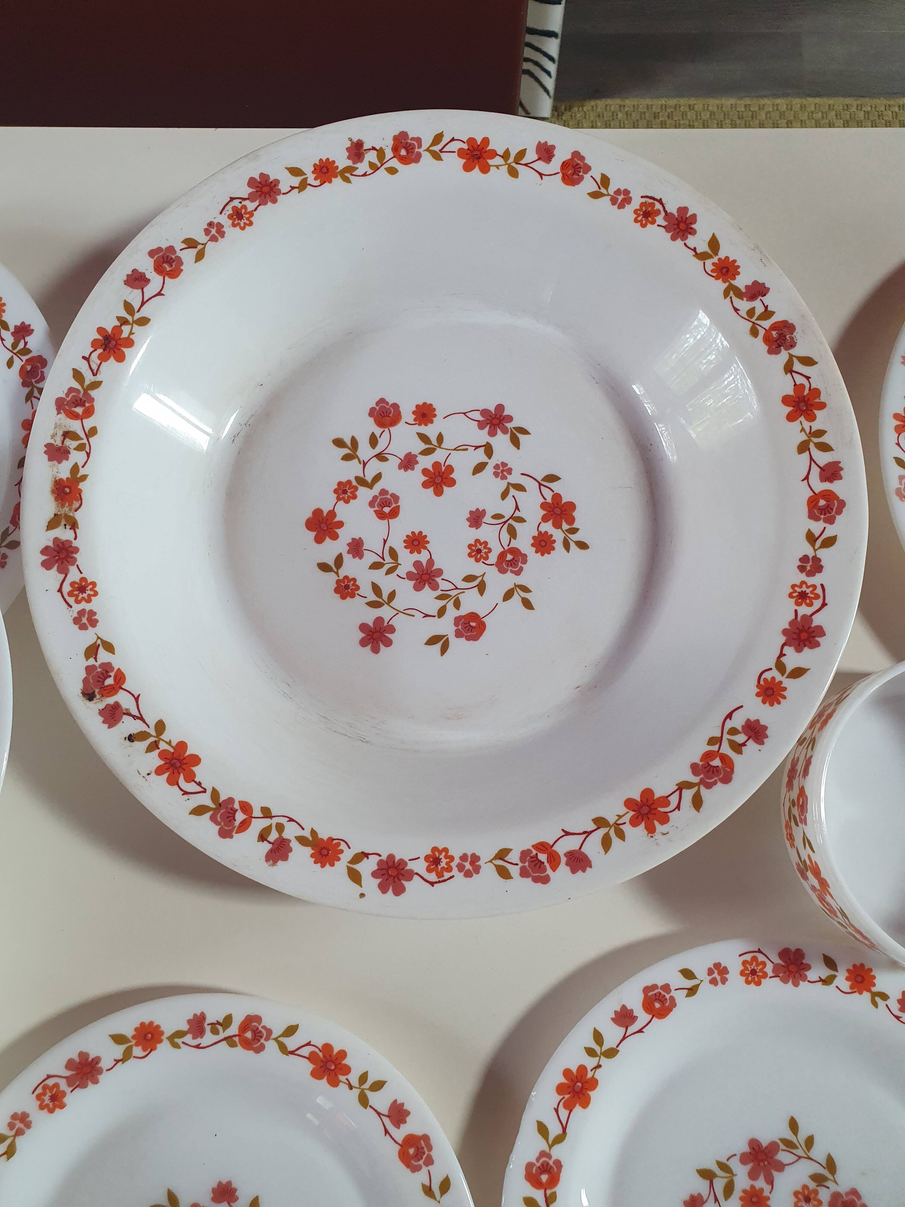 lot of arcopal scania dishes with small orange flowers flat plate, hollow dessert dish, one dish..