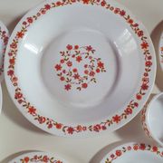lot of arcopal scania dishes with small orange flowers flat plate, hollow dessert dish, one dish..