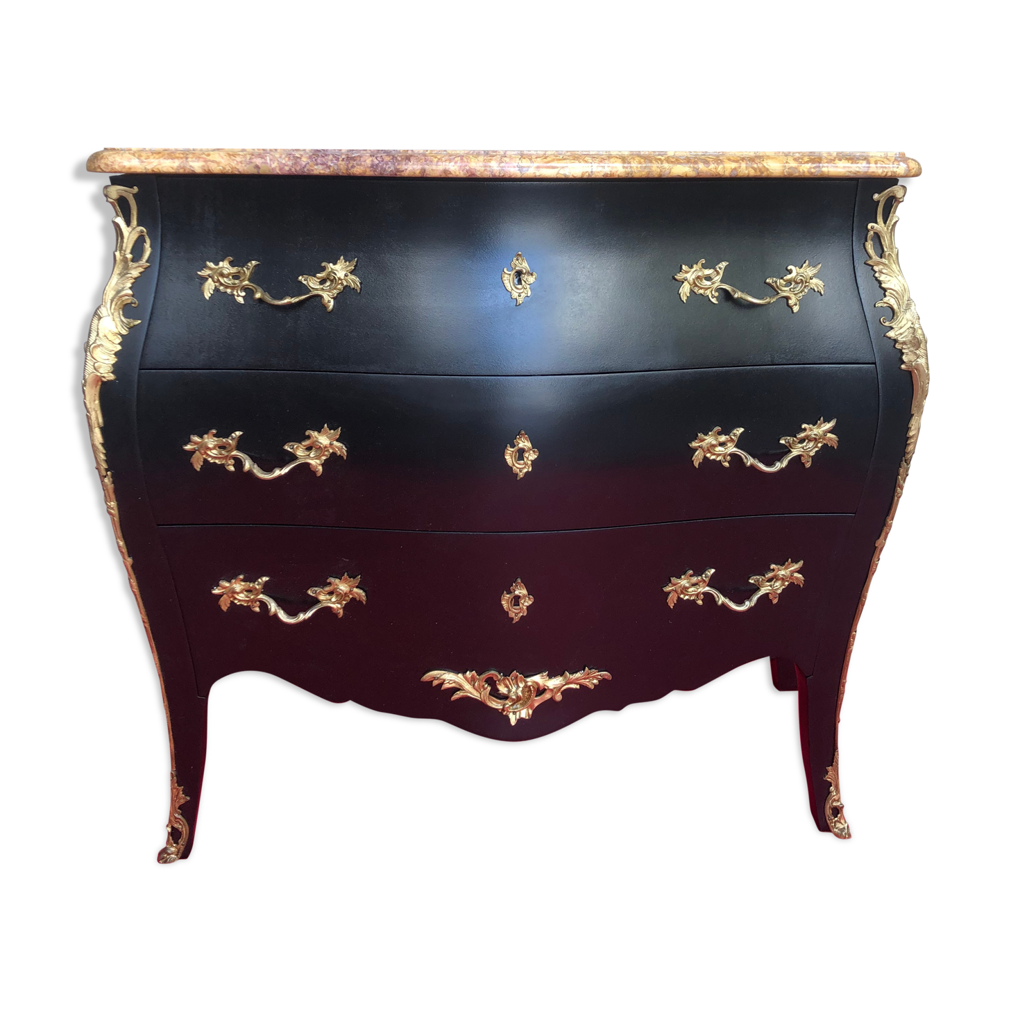 Curved dresser 3 drawers black patina Louis XV style