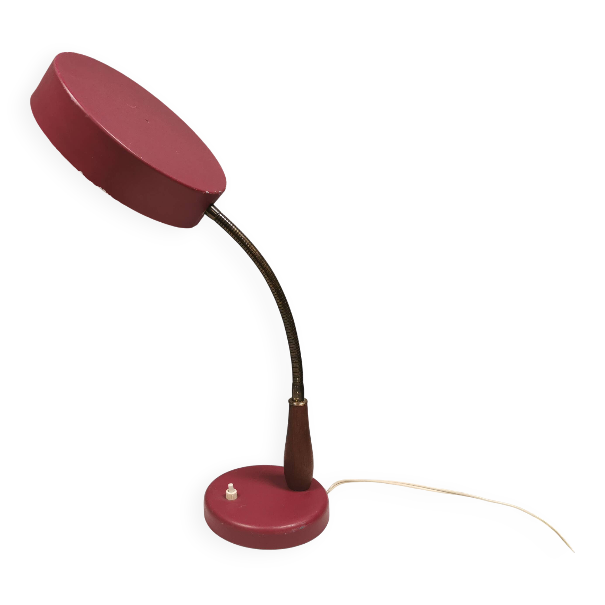 Table lamp in aubergine coloured metal, brass bend and teak wood 1960-70s