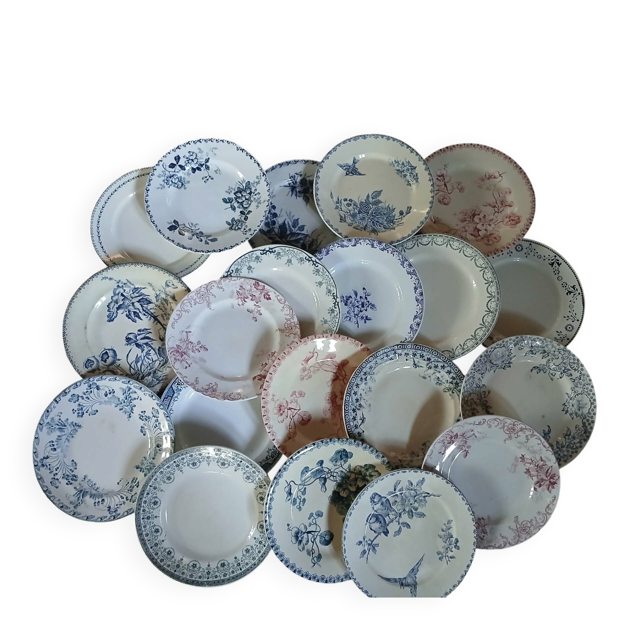 20 mismatched antique flat plates in ironstone
