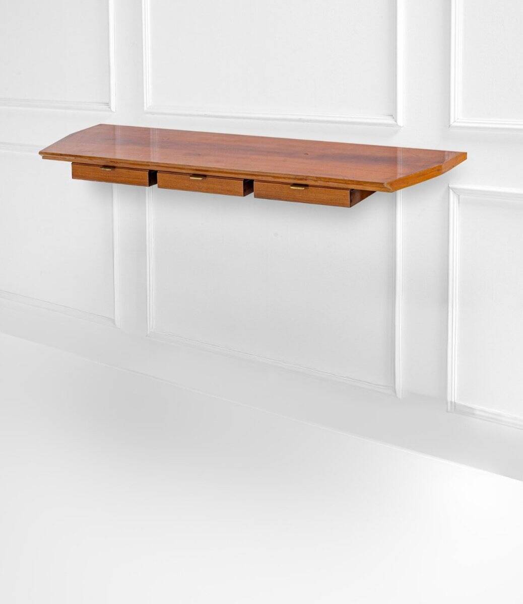 Wall-Mounted Console Table in Wood with Drawers and Brass Handles by Osvaldo Borsani for ABV, 1950s