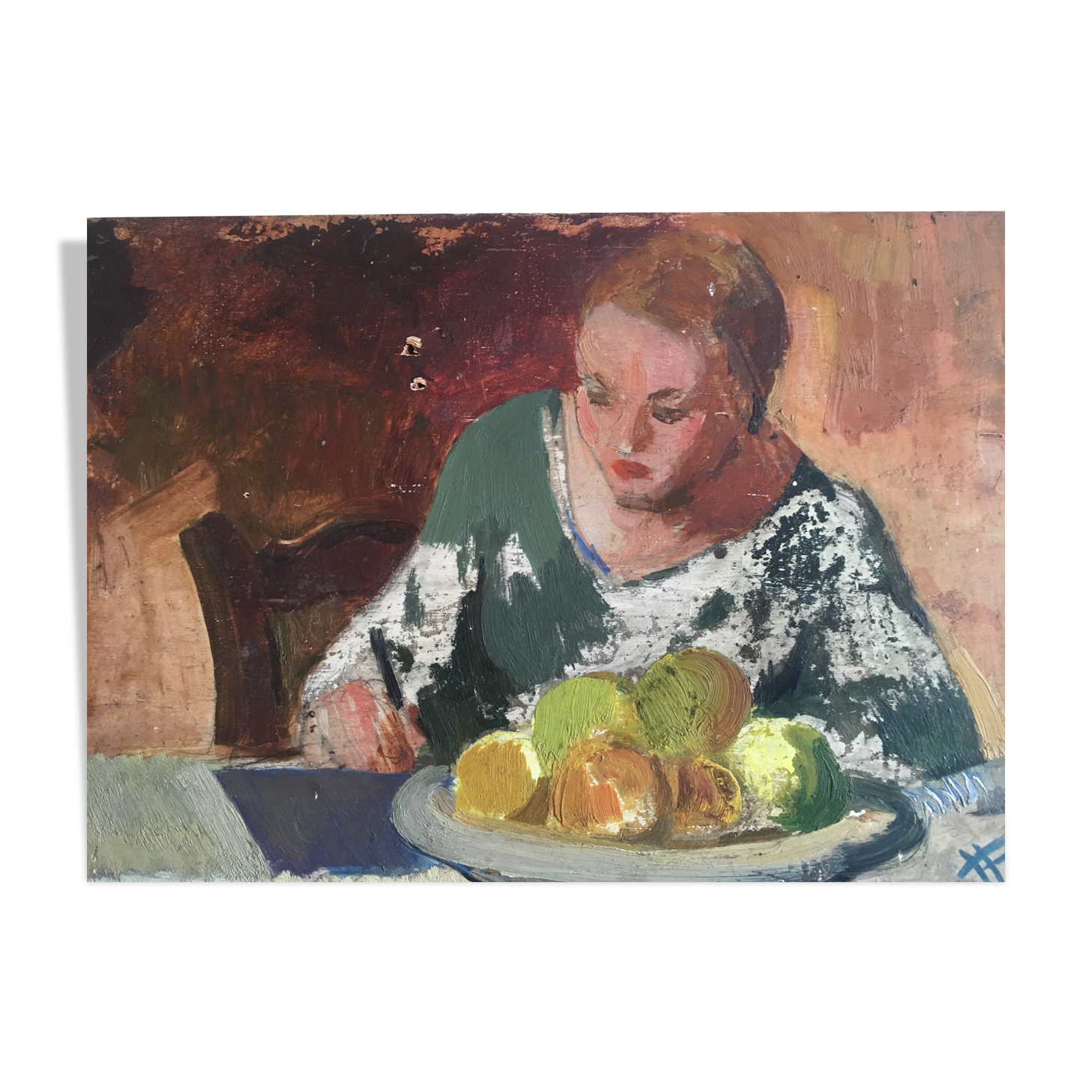 Interior scene "Seamstress at the kitchen table", oil on wood 50s