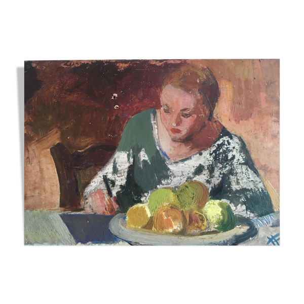 Scène d'intérieur ''Couturière à la table de la cuisine'' huile sur bois 50s