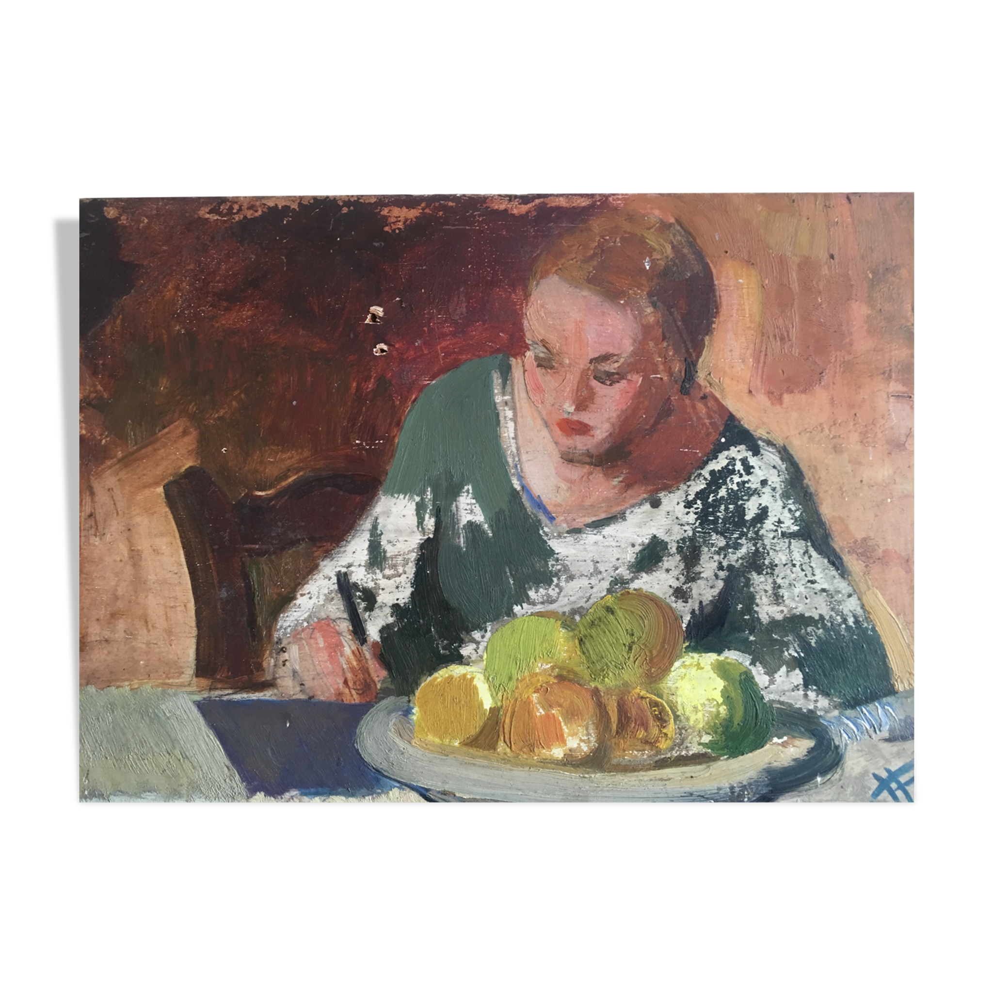 Interior scene "Seamstress at the kitchen table" oil on wood 50s