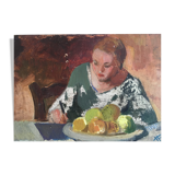 Interior scene "Seamstress at the kitchen table", oil on wood 50s