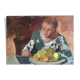 Interior scene "Seamstress at the kitchen table" oil on wood 50s