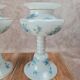 Beautiful pair of pedestal vases in white opaline – old blue decoration.