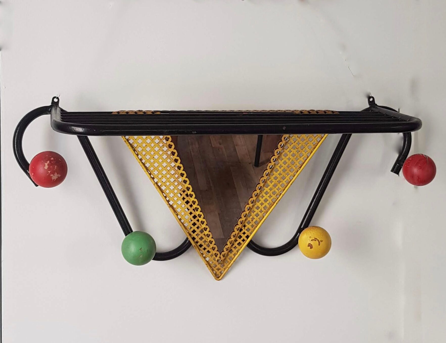 Vintage wall coat rack with mirror and shelf Black metal and wood ball