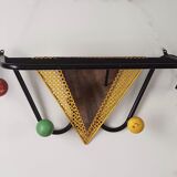 Vintage wall coat rack with mirror and shelf Black metal and wood ball
