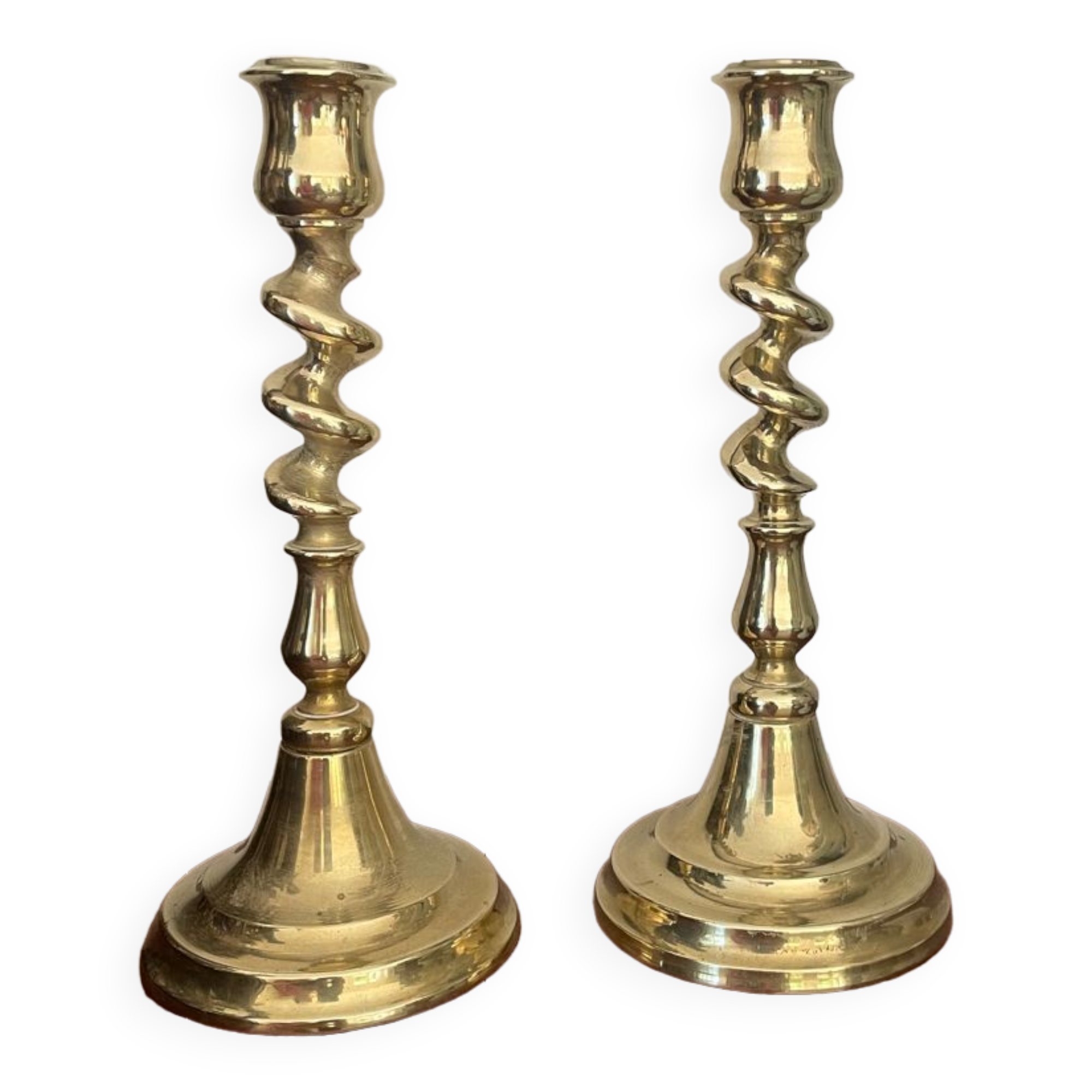 Pair of twisted solid brass candle holders