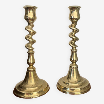 Pair of twisted solid brass candle holders