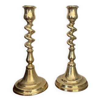 Pair of twisted solid brass candle holders