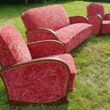 Canape and 2 armchairs art deco red velvet