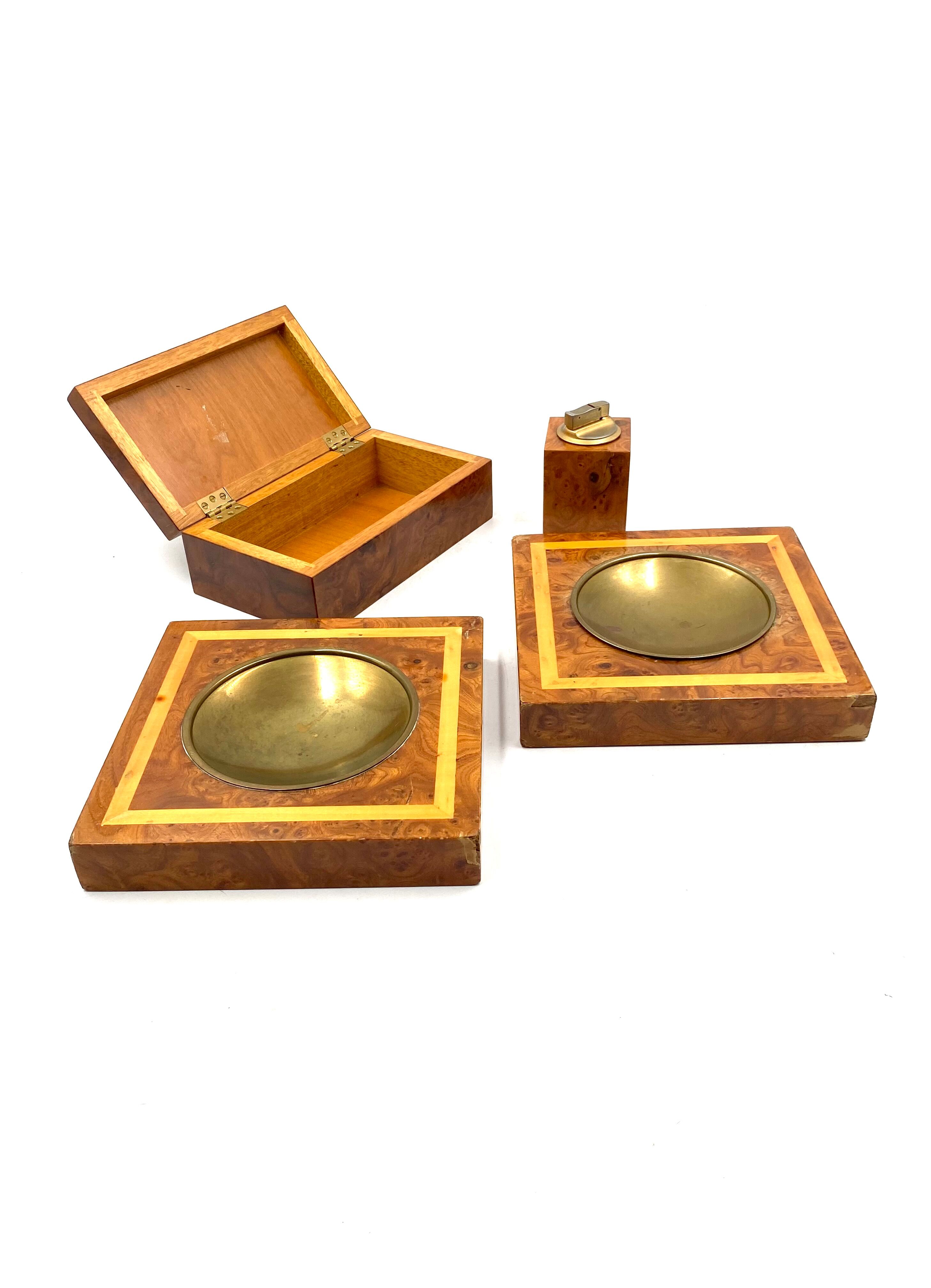 Smoking Set, brass and wood ashtrays, lighter and cigars box, Italy 1970