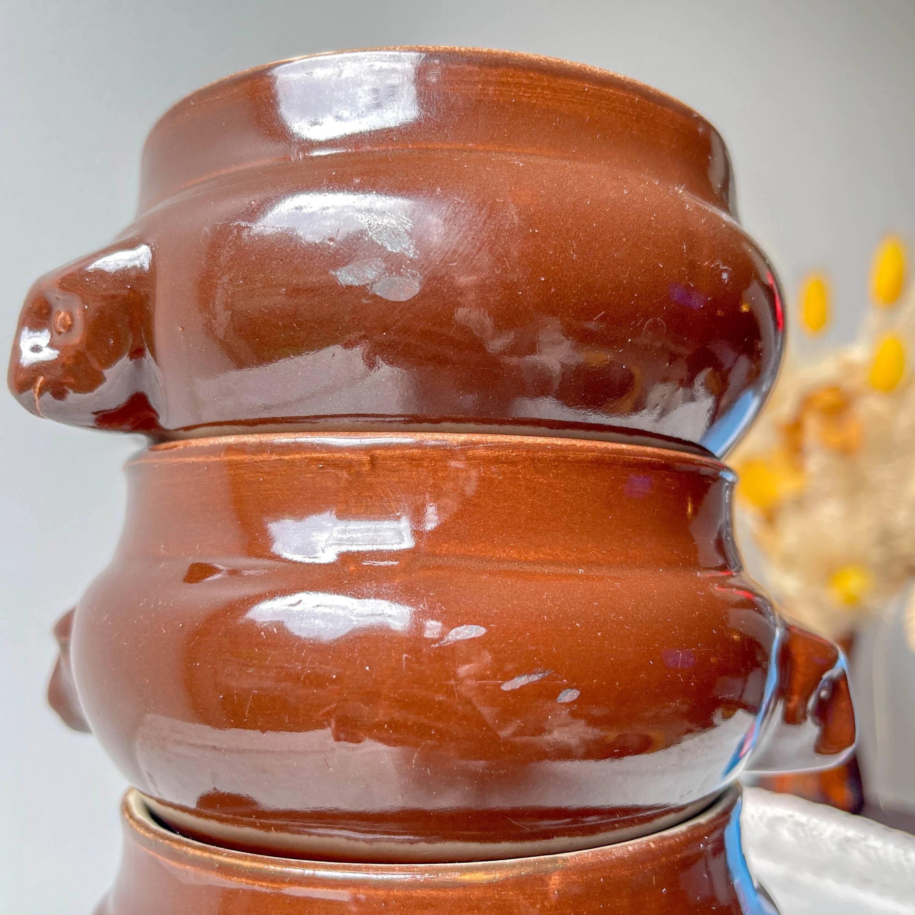 7 vintage Emile Henry ceramic lion head onion soup bowls - brown, made in France