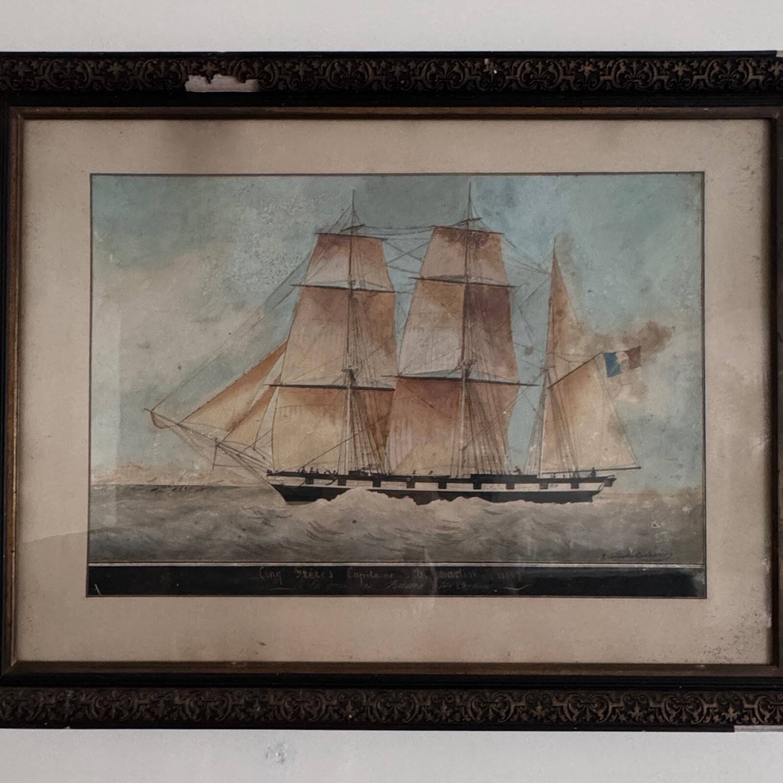 Watercolor on paper of a three-masted French ship from the 19th century by Th. Cochard